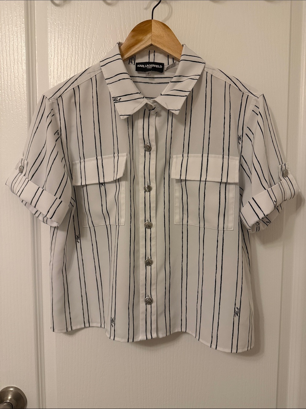 Karl Lagerfeld White Button-Down Short Sleeve Shirt with Black Stripes